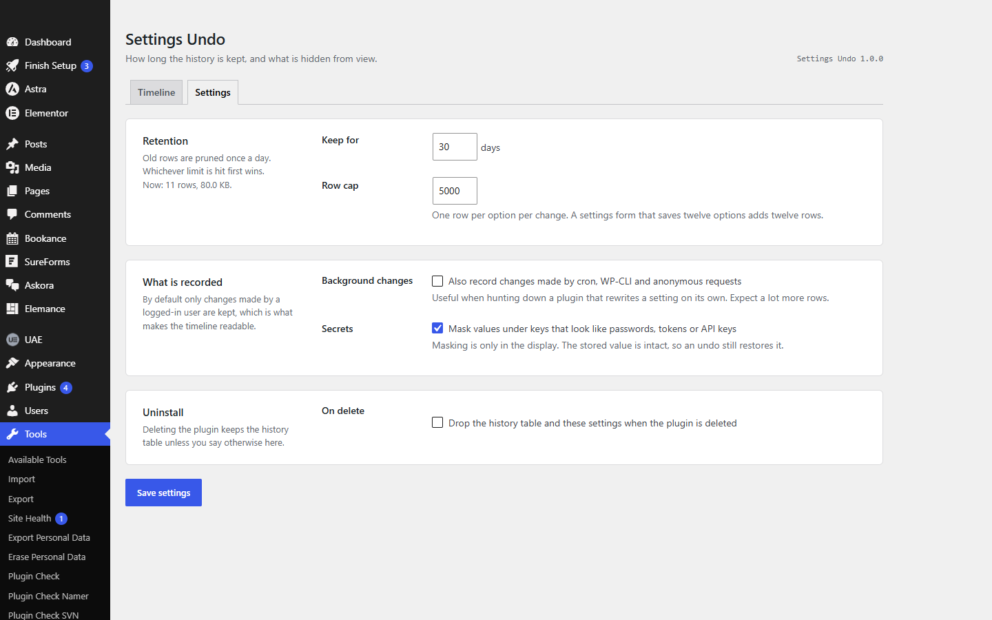 The Settings Undo settings screen