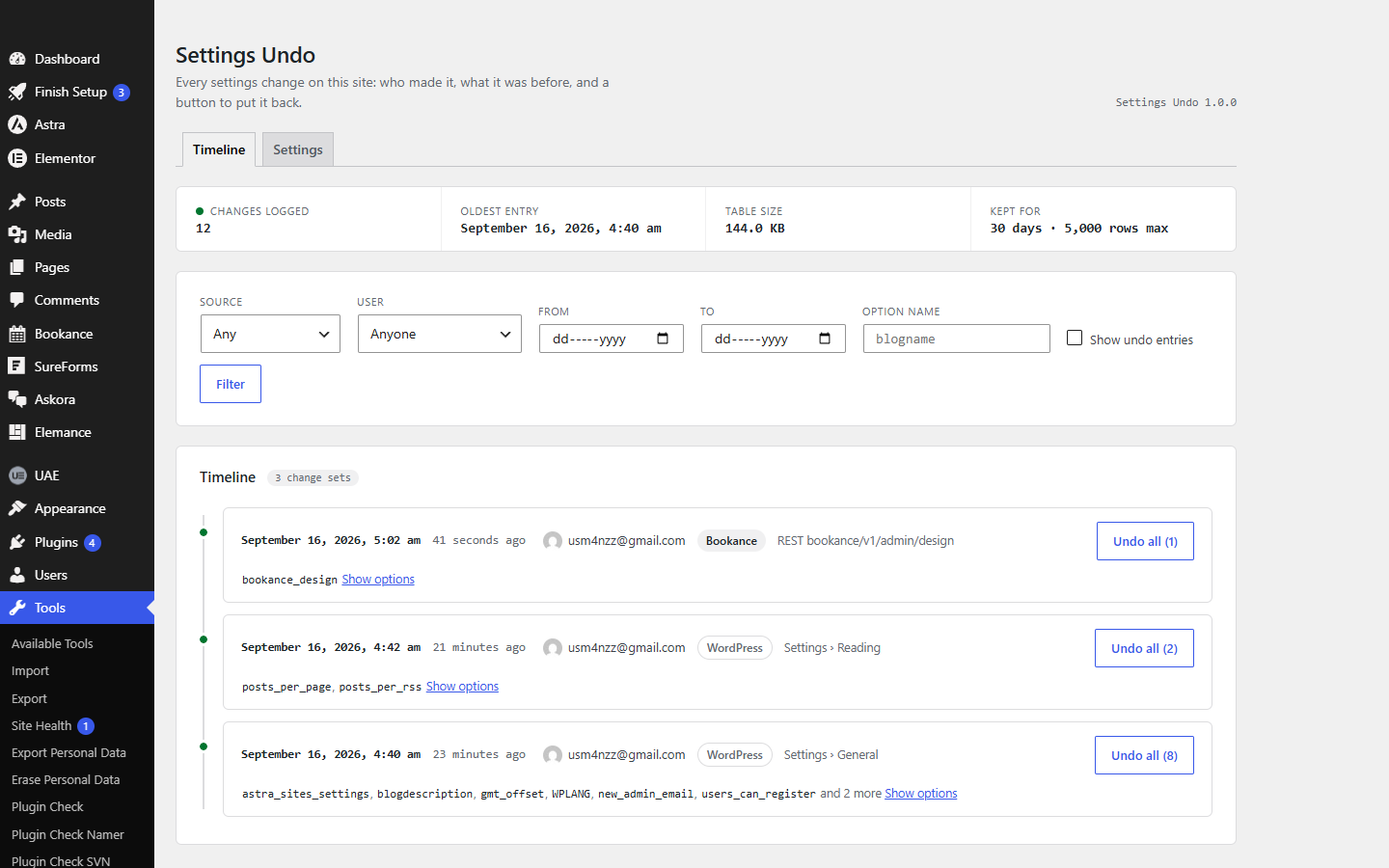 The Settings Undo timeline with change-set cards