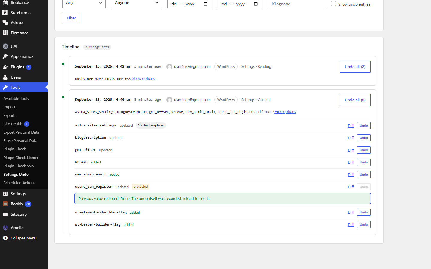 The result message after undoing a setting in Settings Undo