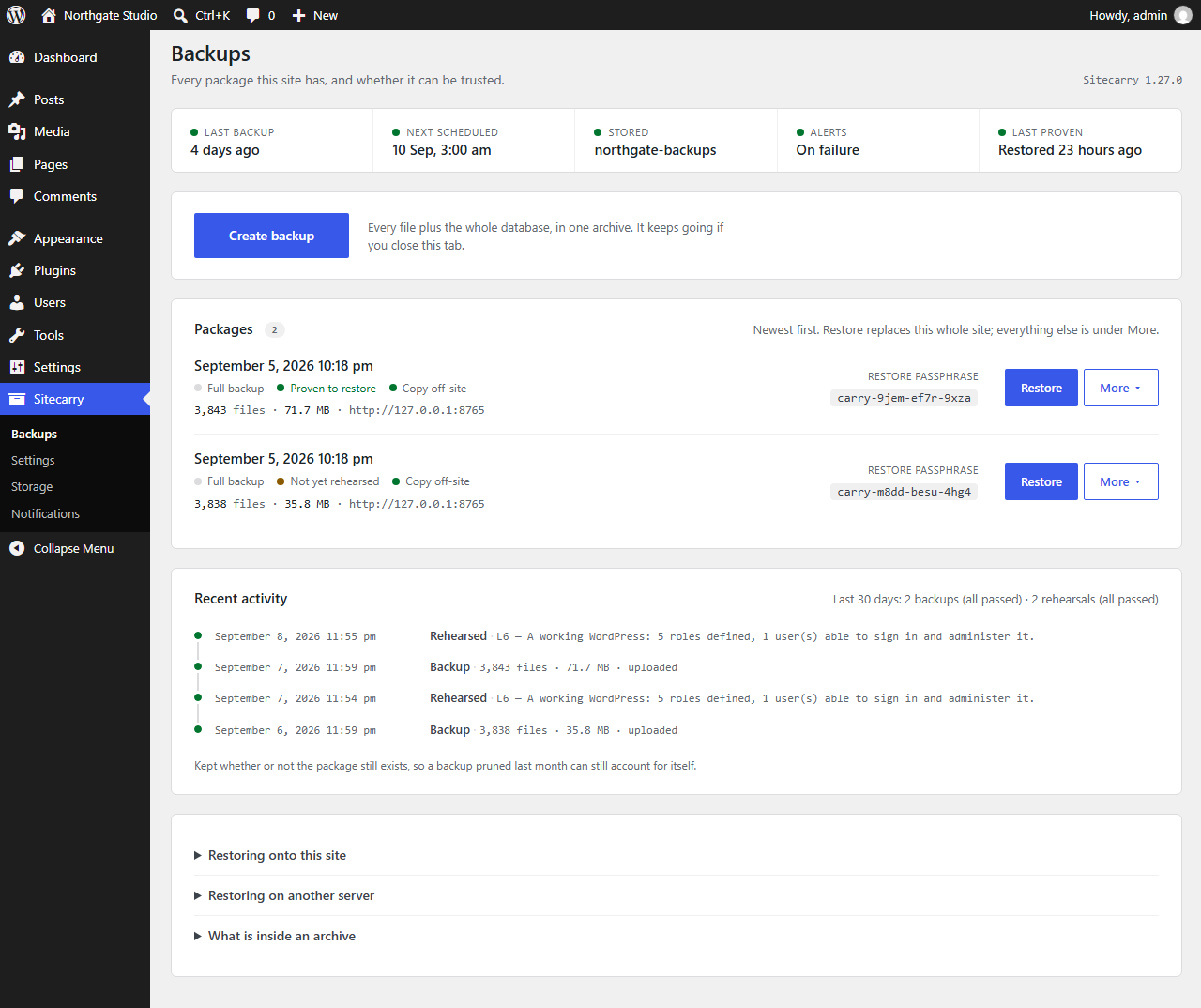Sitecarry Backups screen listing packages with restore passphrases