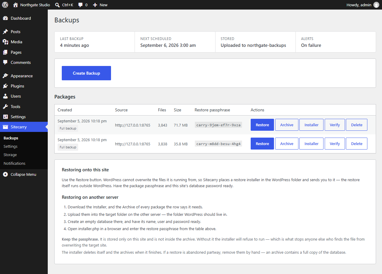 Sitecarry Backups screen listing packages with restore passphrases