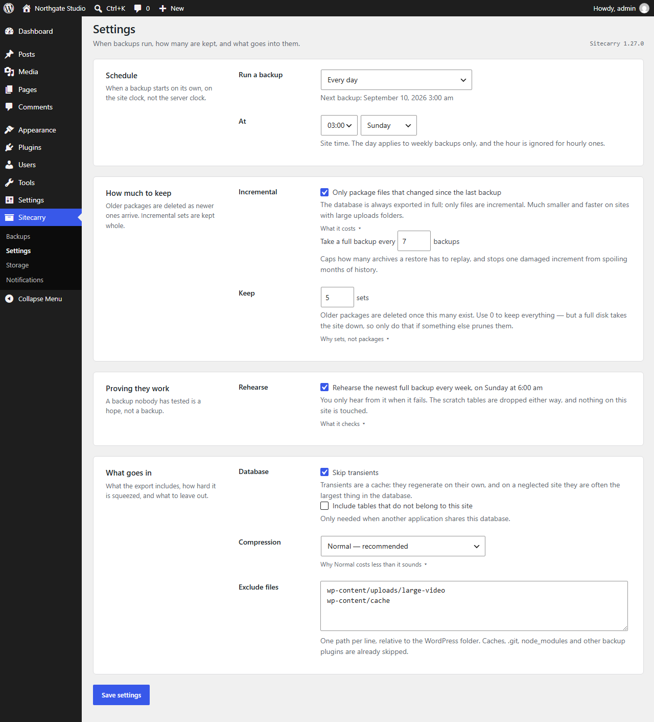 Sitecarry Settings screen showing schedule, retention and exclusions