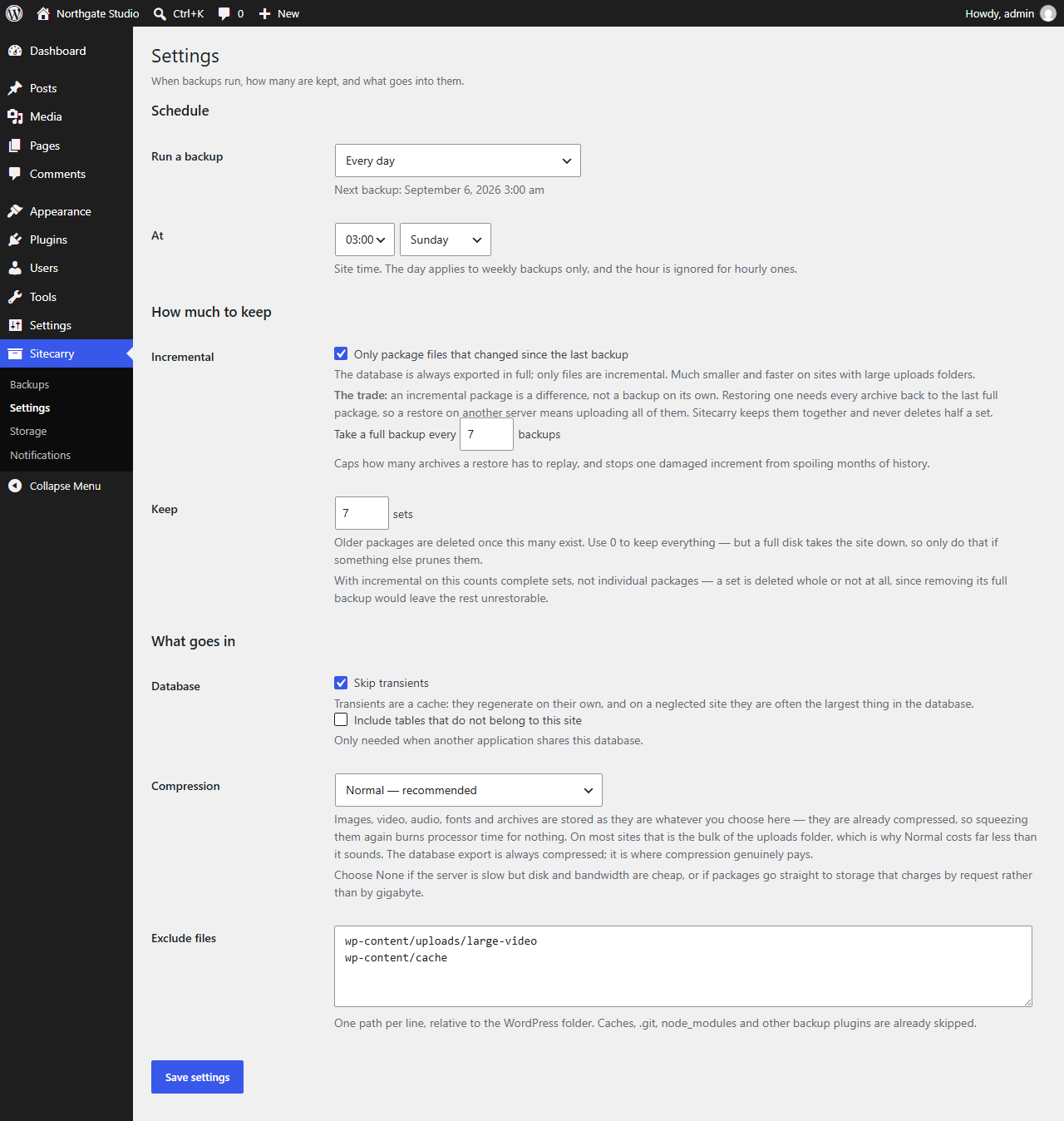 Sitecarry Settings screen showing schedule, retention and exclusions