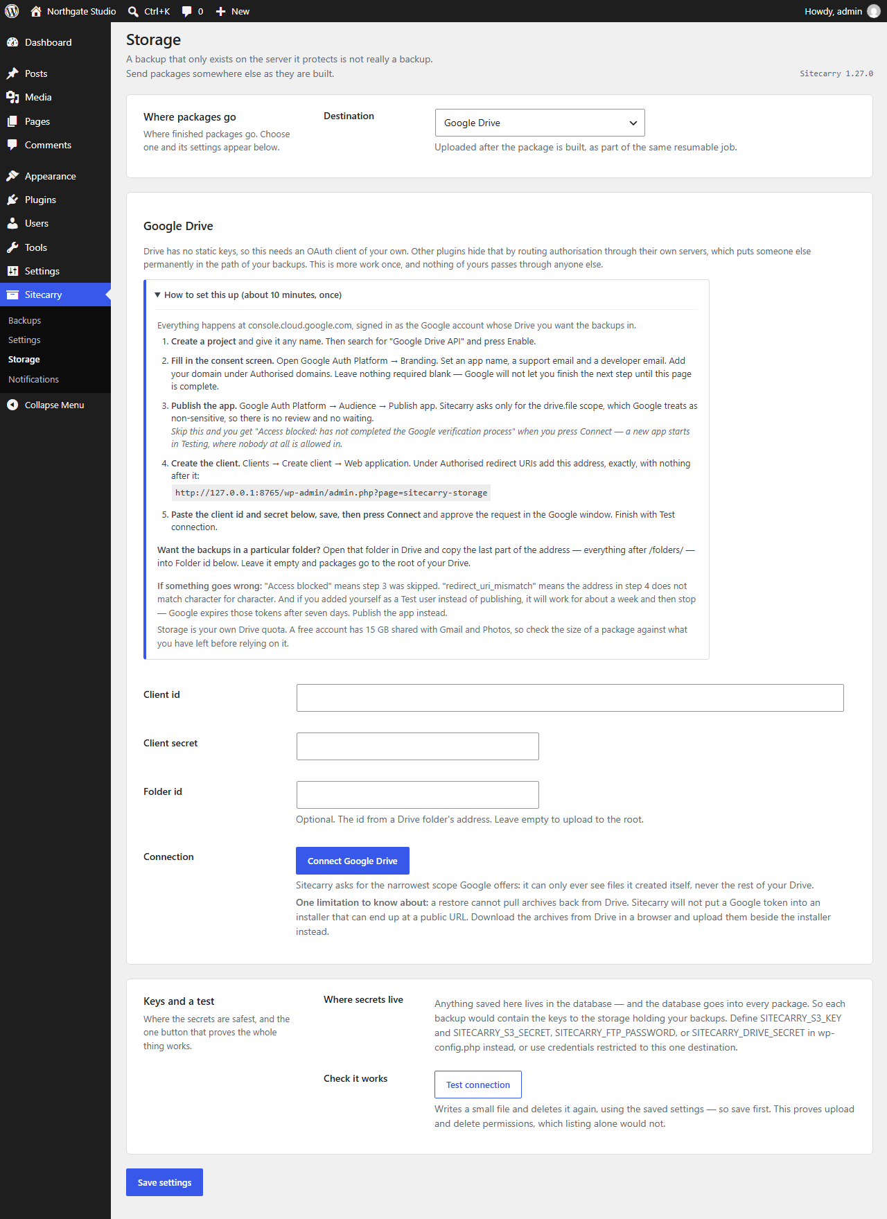 Sitecarry Storage screen configured for Amazon S3