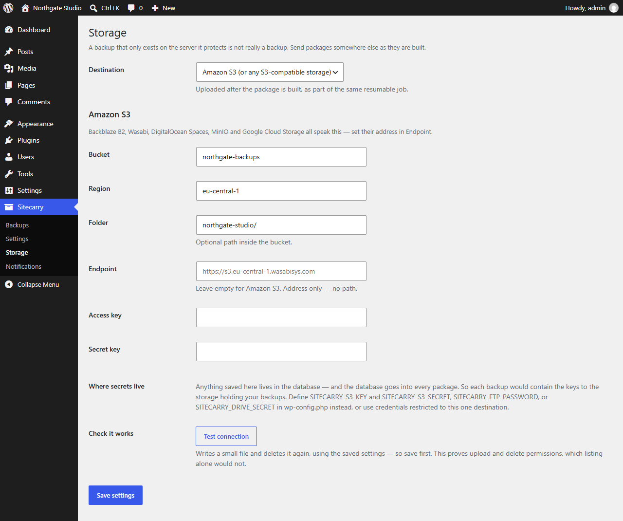 Sitecarry Storage screen configured for Amazon S3