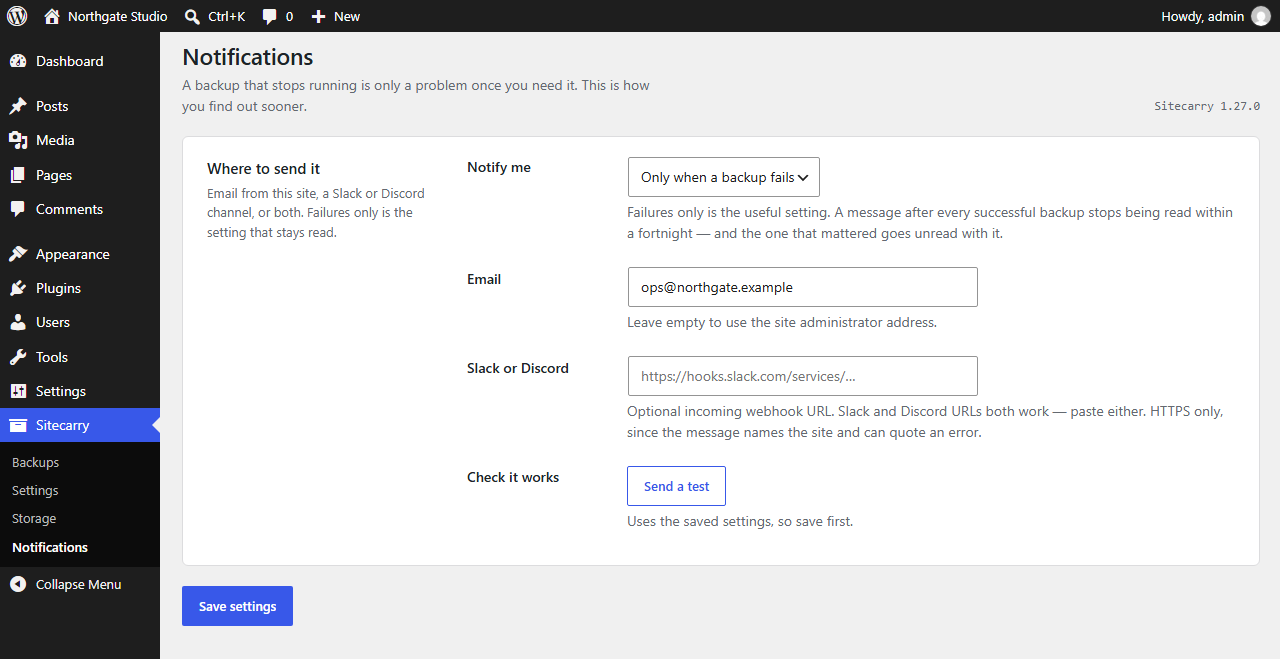 Sitecarry Notifications screen with failure alerts configured