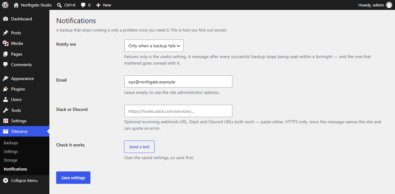 Sitecarry Notifications screen with failure alerts configured