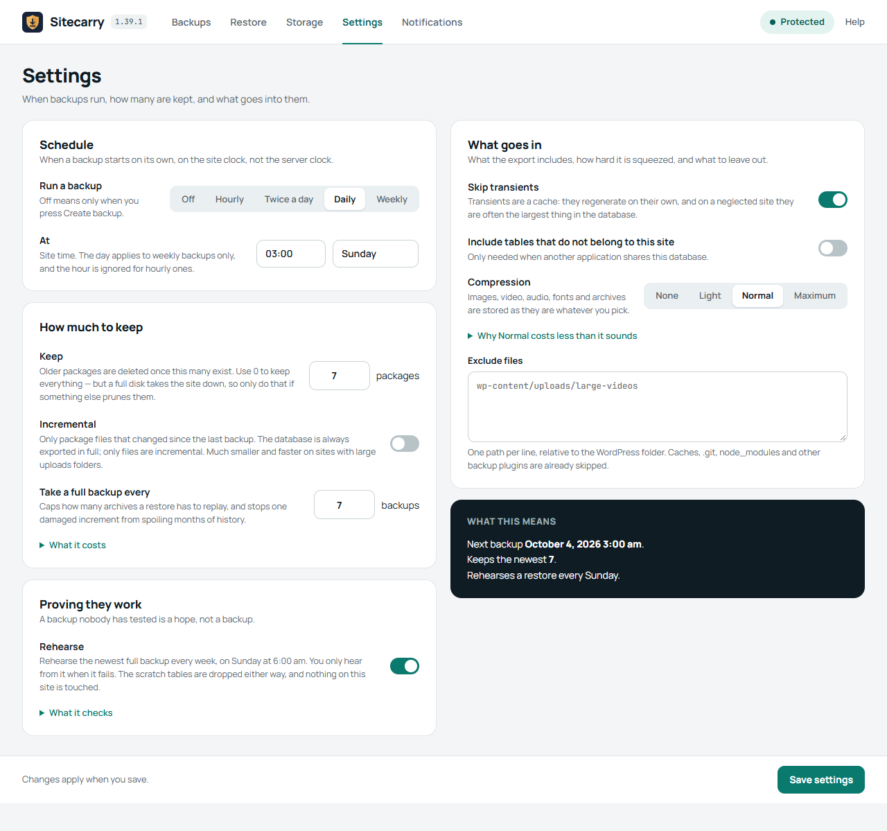 Sitecarry restore confirmation dialog: what will be replaced, a safety backup option and the checks made before anything changes
