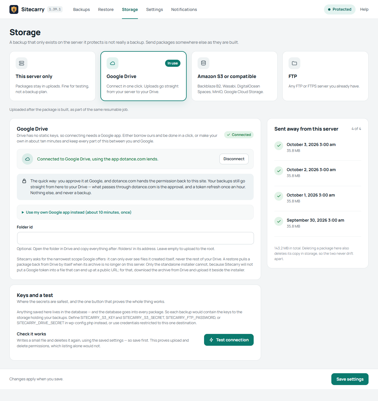 Sitecarry Storage screen with Google Drive connected and a list of the copies sent away from the server