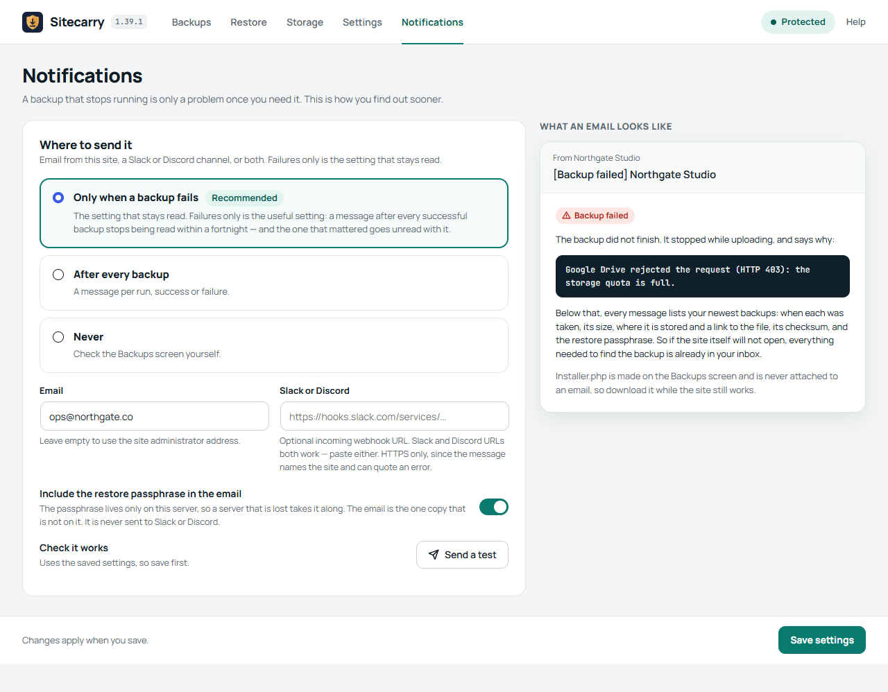 Sitecarry Settings screen showing the schedule, how much to keep, restore rehearsals and what goes into a package