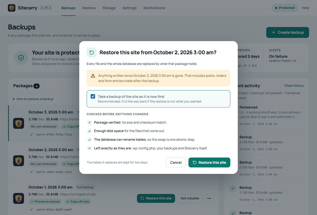 Sitecarry Notifications screen with failure alerts, the restore passphrase option and a preview of the email