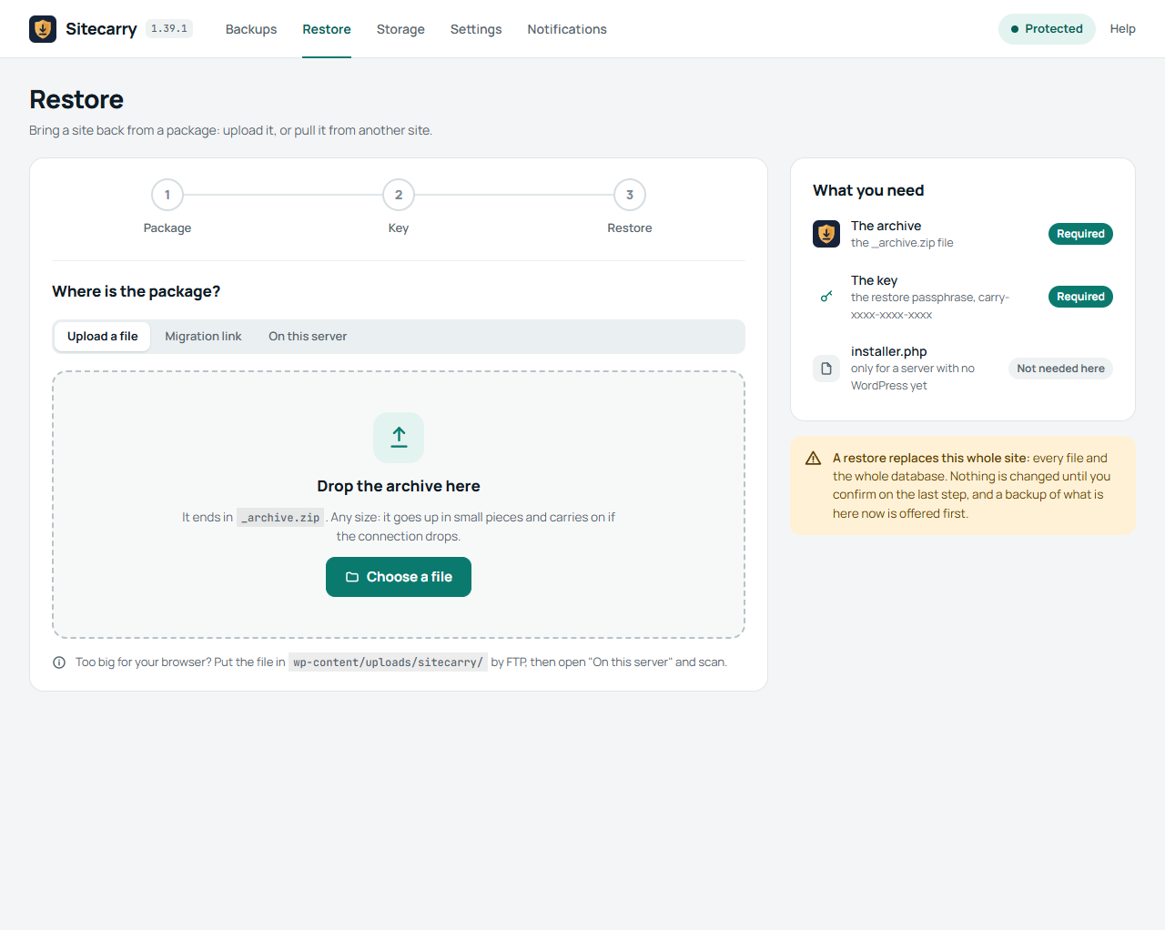Sitecarry Restore tab with three ways to bring a package in: upload a file, paste a migration link, or use one already on the server