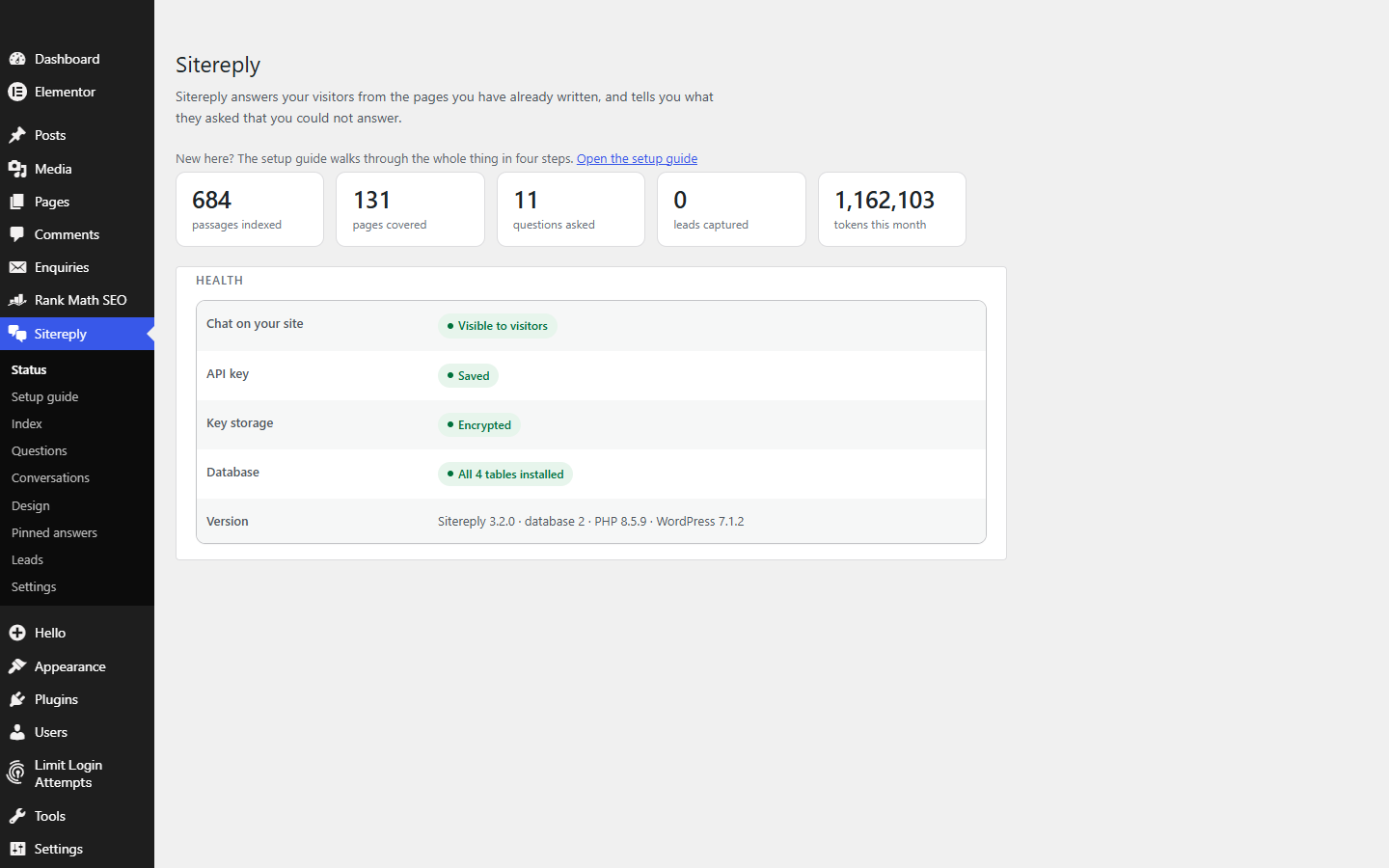 The Sitereply status screen with passage, page, question and lead counts