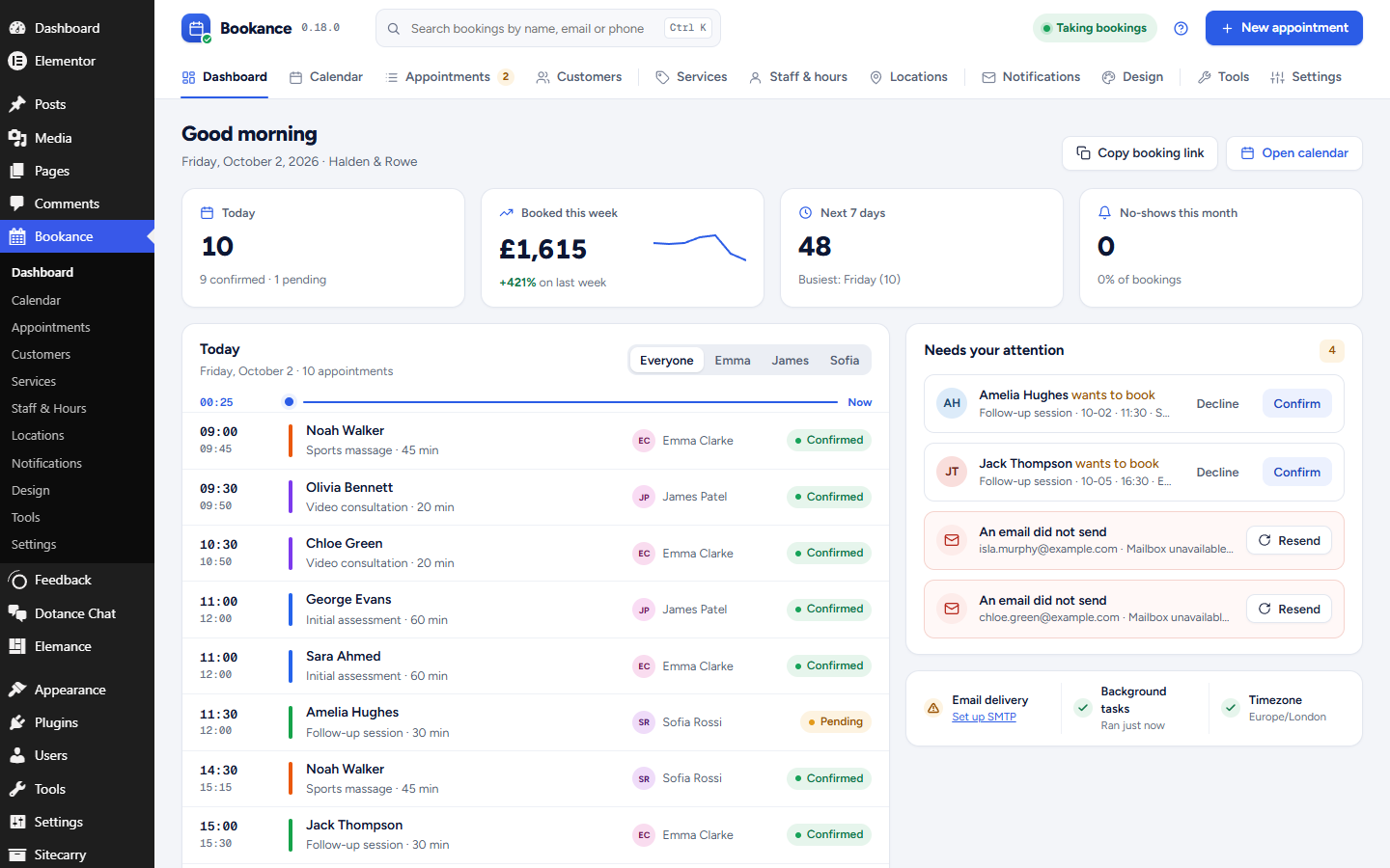 The Bookance dashboard with today's bookings, requests waiting for confirmation and setup health