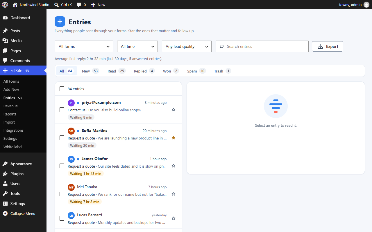 WordPress contact form entries saved in an inbox with New, Read, Replied and Spam tabs and a waiting time on each enquiry