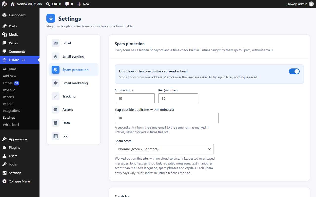 Spam protection settings for a WordPress contact form: rate limit, duplicate flag and spam score