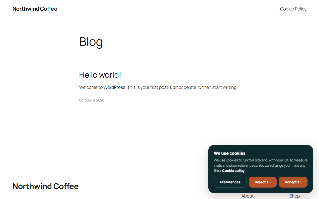 A WordPress cookie banner with Reject all and Accept all buttons in the same style, plus a Preferences button and a cookie policy link