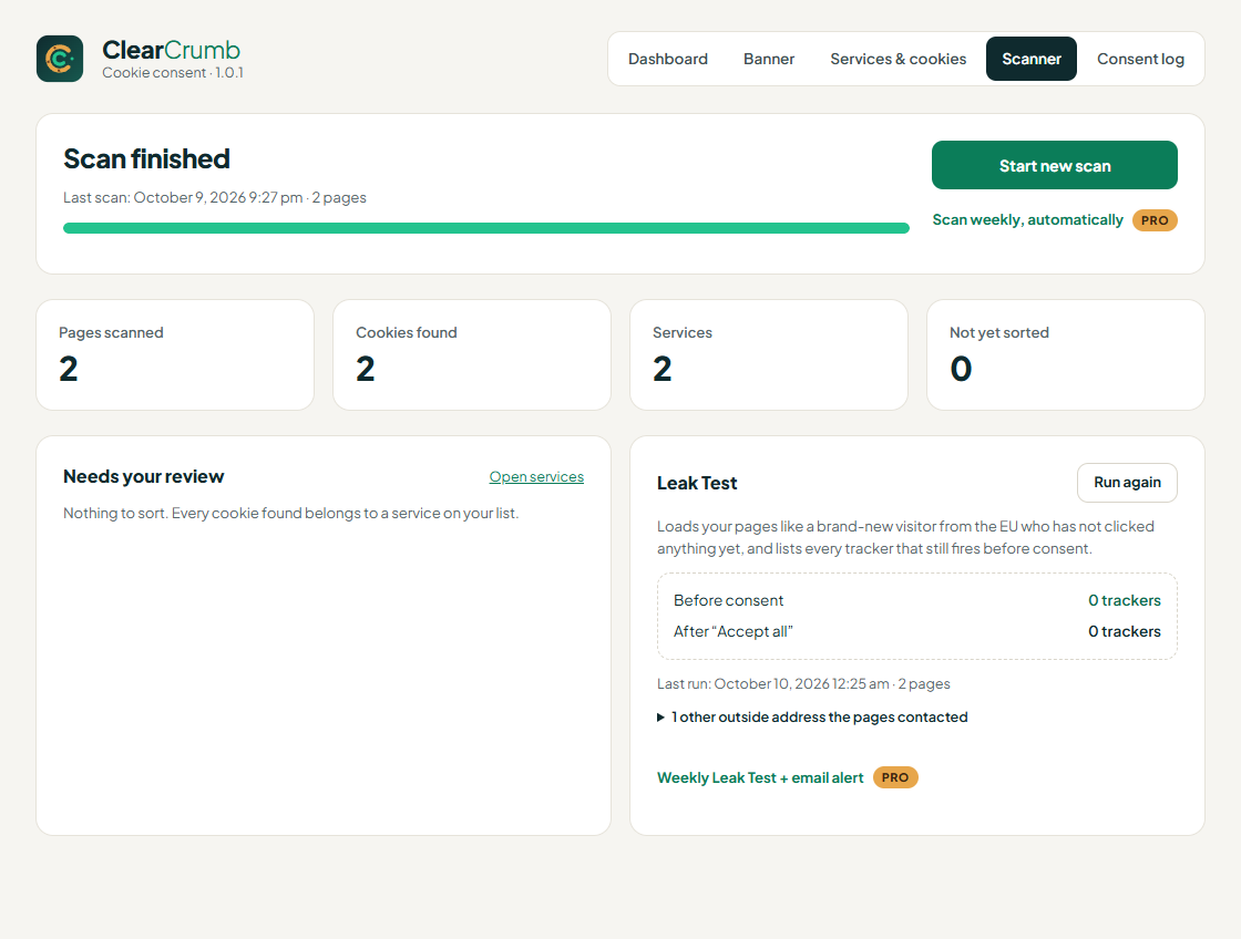 Cookie scanner and leak test for a WordPress cookie banner, listing what loads before and after consent