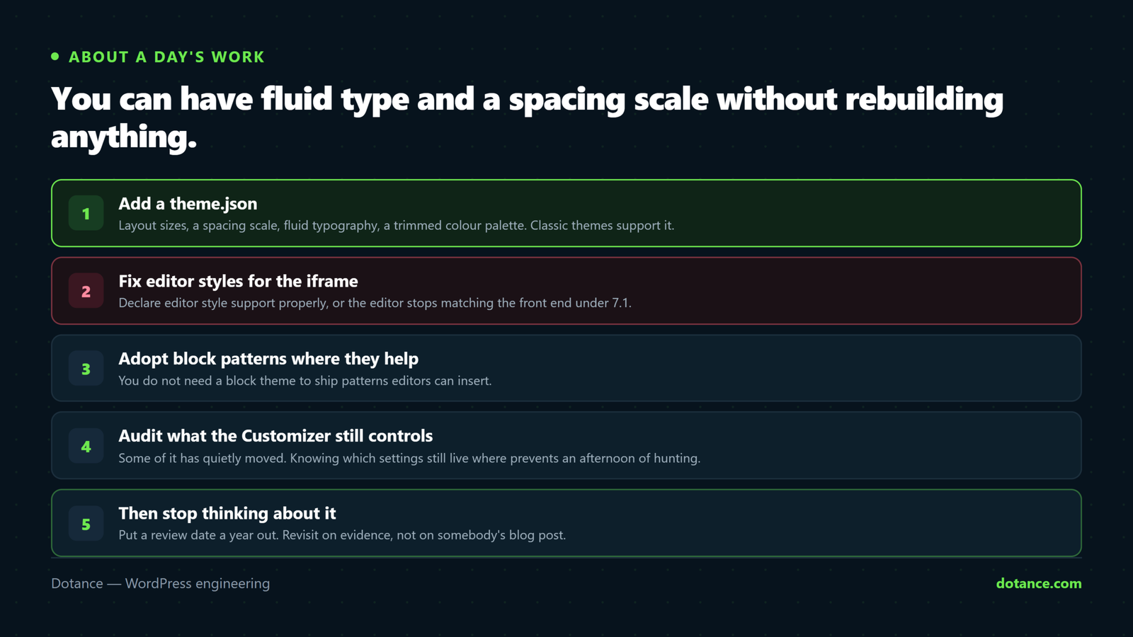 Four ways to modernise a WordPress classic theme without converting it: add a theme.json for layout sizes, spacing and fluid typography, fix editor styles for the 7.1 iframe, adopt block patterns where they help, and audit what the Customizer still controls.